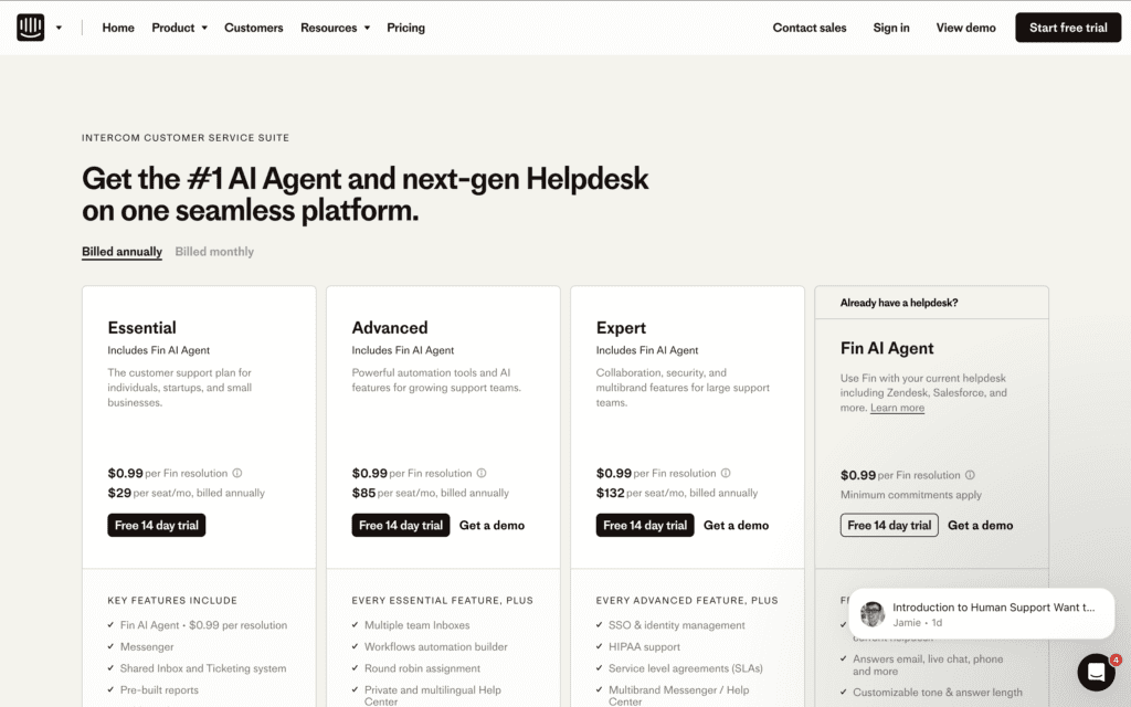 A webpage from Intercom showcasing their Customer Service Suite pricing plans. Headline reads ‘Get the #1 AI Agent and next-gen Helpdesk on one seamless platform.’ Pricing is shown for annual billing with four sections: Essential at $29 per seat/month, Advanced at $85 per seat/month, Expert at $132 per seat/month, and a standalone Fin AI Agent option at $0.99 per resolution. Each plan highlights included features such as Messenger, workflows, SLAs, security, and multibrand support. The page has a minimal beige design with buttons for free trials and demos.